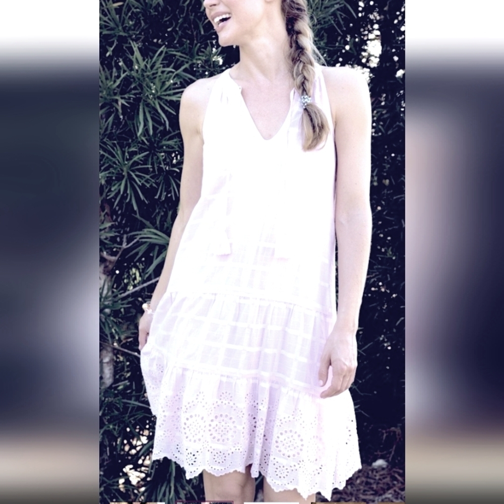 Cabana Life White Sleeveless/Halter Neckline-Tassels-Eyelet Mini Dress Upf 50+